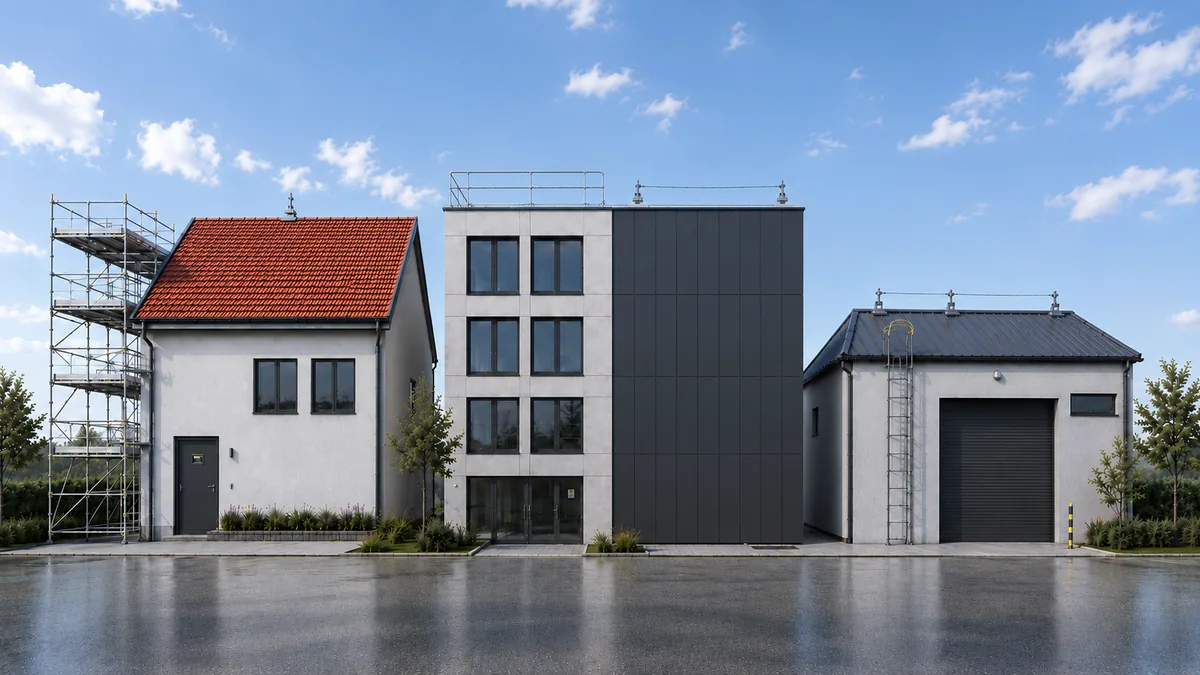 Drei Gebäude mit permanenter Absturzsicherung: Steildach mit Gerüst, Flachdach mit Geländer und hinterlüfteter Fassade, Metalldach mit Steigleiter.