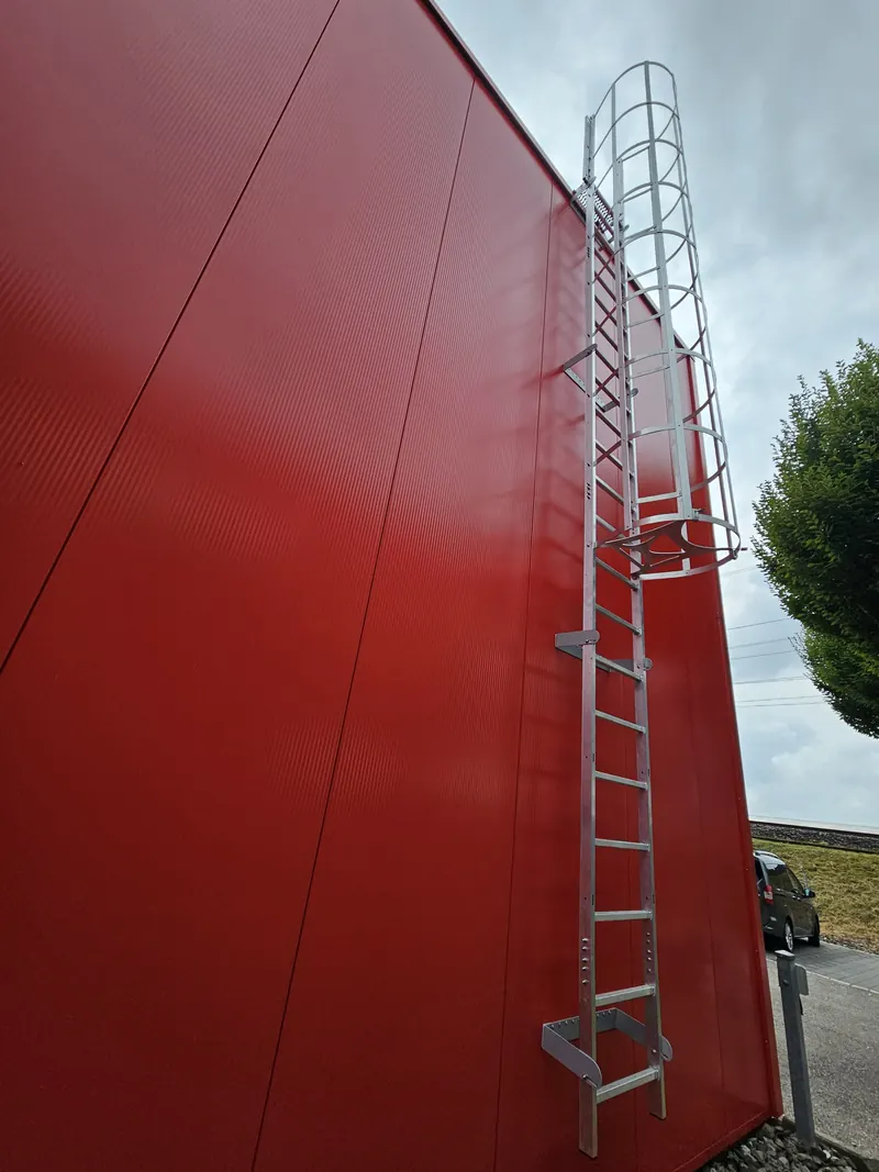 Rote Blechfassade mit verzinkter Steigleiter und Rückenschutzkorb; rechts ein Baum, unten ein dunkles Auto.