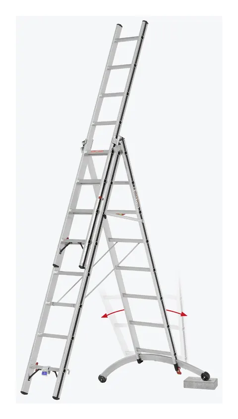 Dreiteilige Mehrzweckleiter 70247 aus Aluminium mit gebogener Traverse und Niveauausgleich
