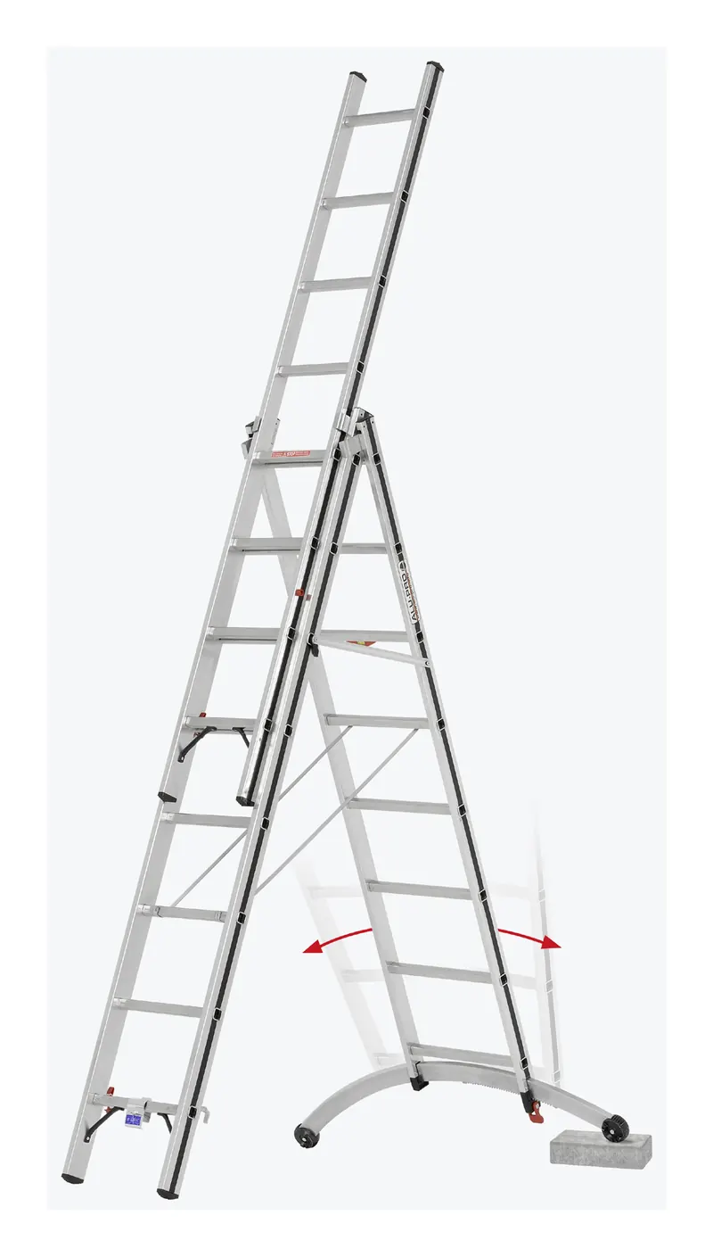 Dreiteilige Mehrzweckleiter 70247 aus Aluminium mit gebogener Traverse und Niveauausgleich