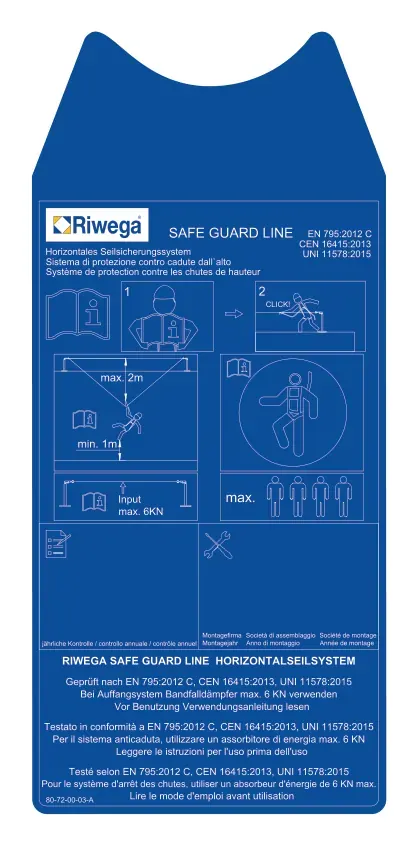 Safecheck 795 C – blaues Typenschild für SafeGuard Seilsysteme nach EN 795:2012 Typ C, Abbildung aus dem SafeGuard-Katalog 26/27