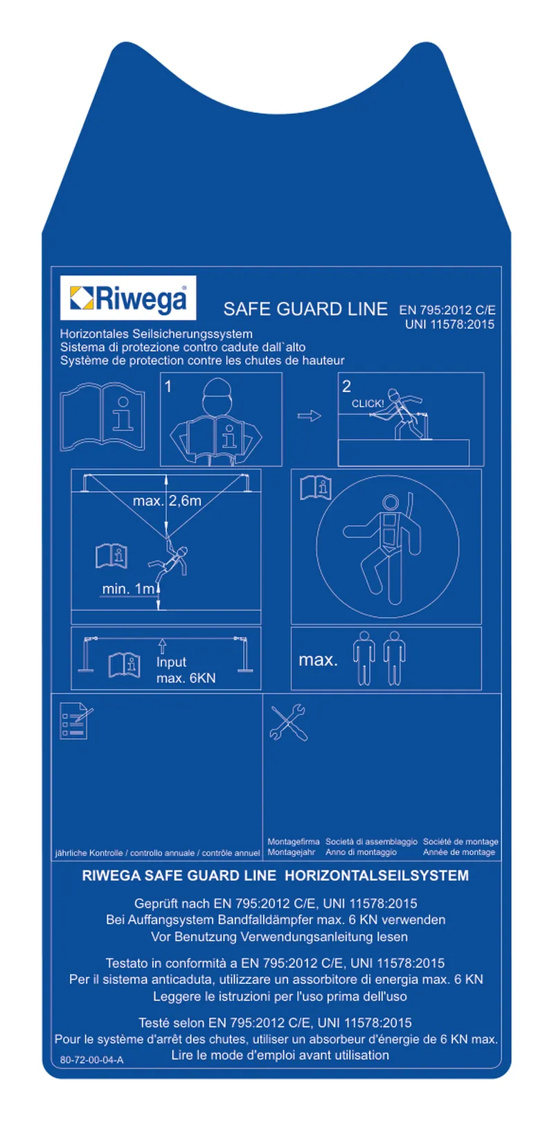 Safecheck 795 CE – blaues Typenschild für auflastgehaltene SafeGuard Systeme nach EN 795:2012 C/E