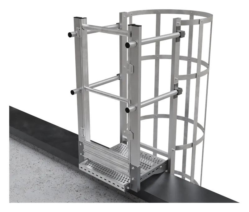 SafeGuard SafetyStep – Steigleiter mit Rückenschutz und Ausstieg mit Tür