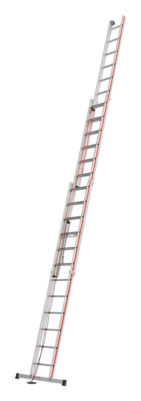 Seilzugleiter dreiteilig 4061 aus Aluminium, ausgefahren mit Traverse und rotem Zugseil