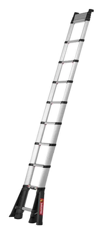 Teleskop-Anlegeleiter 8014 aus Aluminium, ausgefahren, mit Klappausleger am unteren Ende