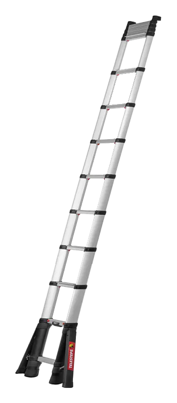 Teleskop-Anlegeleiter 8014 aus Aluminium, ausgefahren, mit Klappausleger am unteren Ende